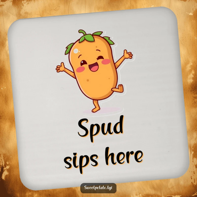 Funny sweet potato coaster showcasing a character joyfully attempting a cartwheel, adding playful decor.