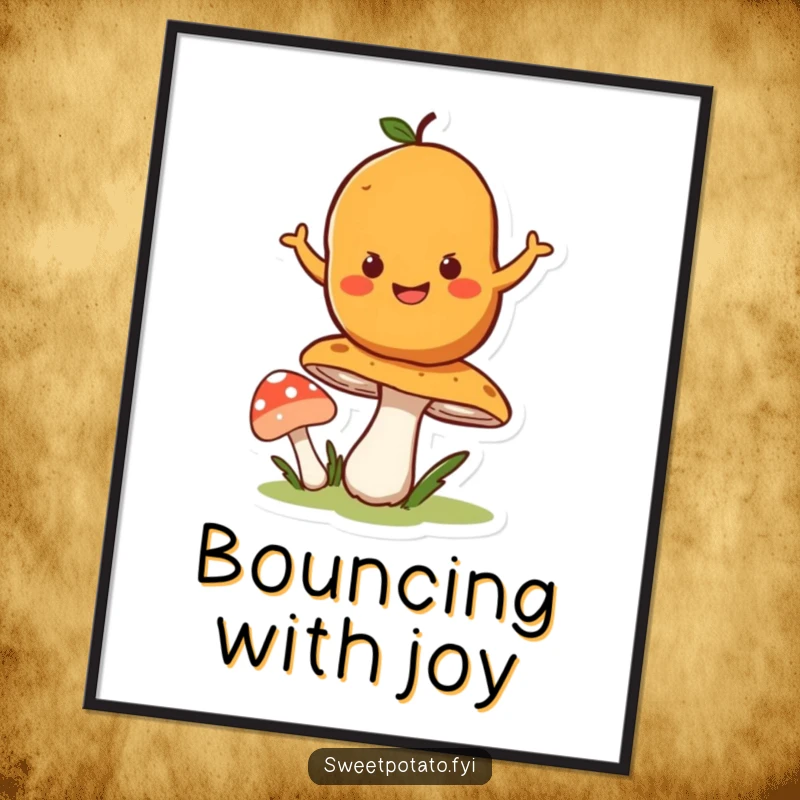 Funny poster of a happy sweet potato character bouncing high on a springy mushroom with infectious enthusiasm.