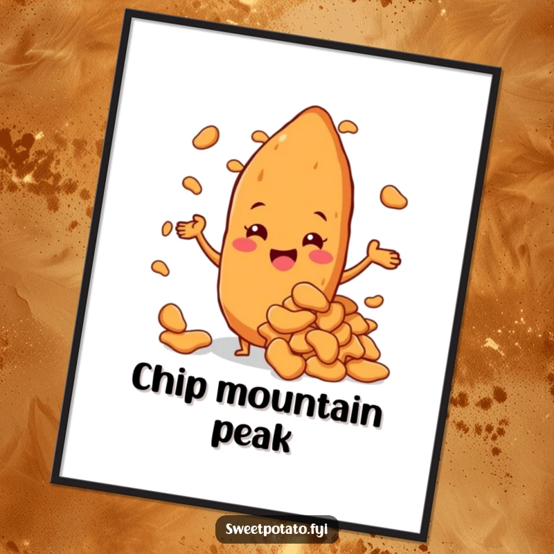 Funny sweet potato character beaming with pride, presenting a giant heap of sweet potato chips, a triumphant poster.