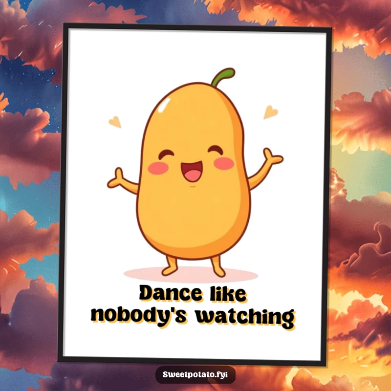 Funny poster of a sweet potato character joyfully dancing, bringing a vibrant and humorous celebratory atmosphere.