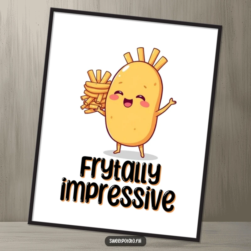 Funny poster: A sweet potato character is mid-giggle, impressively balancing a towering stack of french fries, radiating pure amusement.