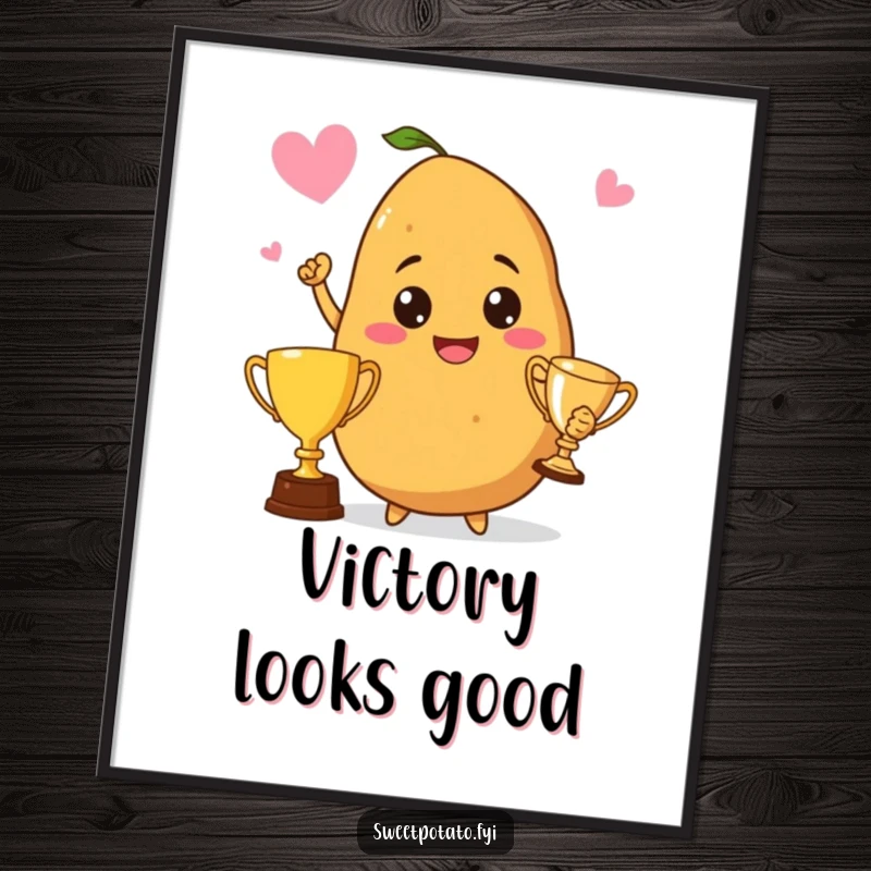 Funny poster depicting a proud sweet potato holding a trophy high, radiating accomplishment and potato-themed victory.