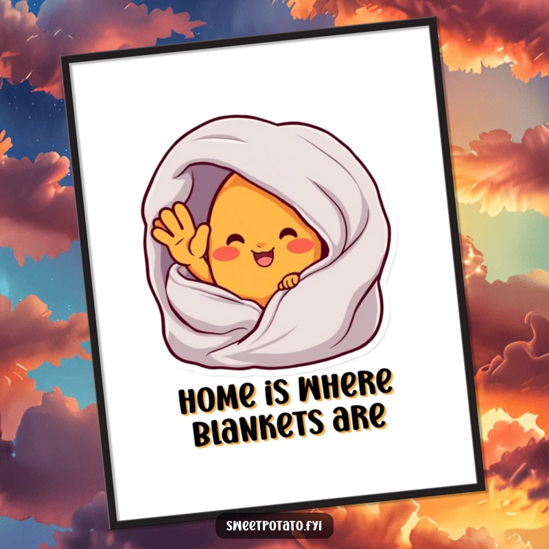 Funny poster art of a sweet potato character waving from inside a cozy blanket, adding warmth and humor.