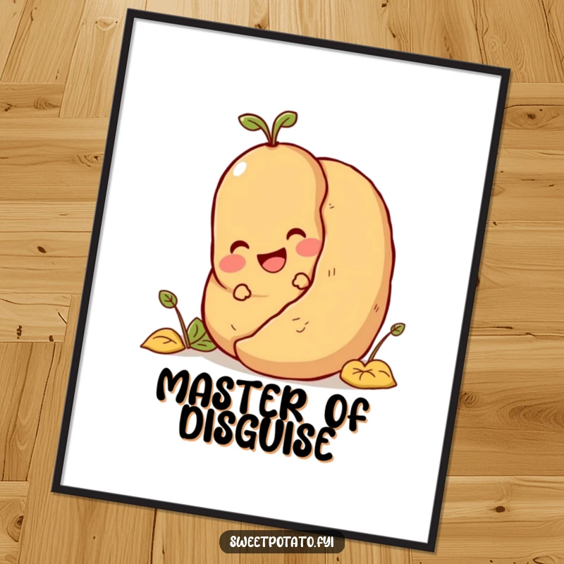 Funny delighted sweet potato character hiding behind a large potato, humorous wall art.