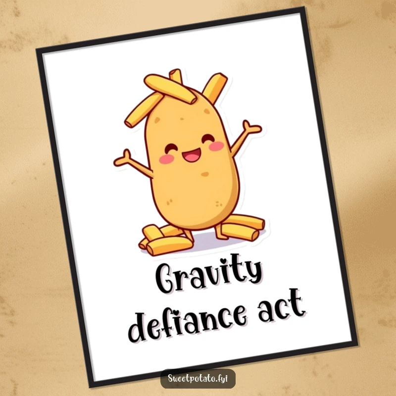 Funny sweet potato grinning, perfectly balancing a pile of potato wedges, humorous wall art.