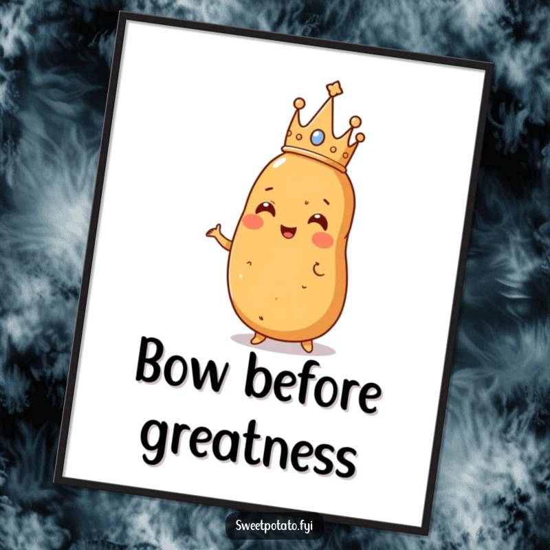 Funny poster showcasing a sweet potato wearing a miniature crown, striking a confident and regal pose, fit for a potato king.