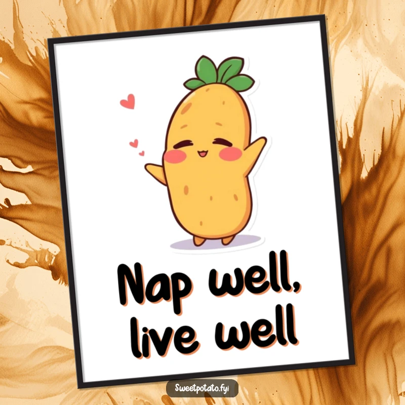 Funny poster art of a sweet potato character stretching with a relieved smile after a nap, adding serene humor.