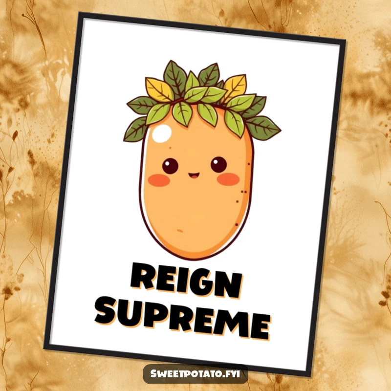 Funny poster of a sweet potato character wearing a crown of leaves, exuding regal charm and humorous authority.