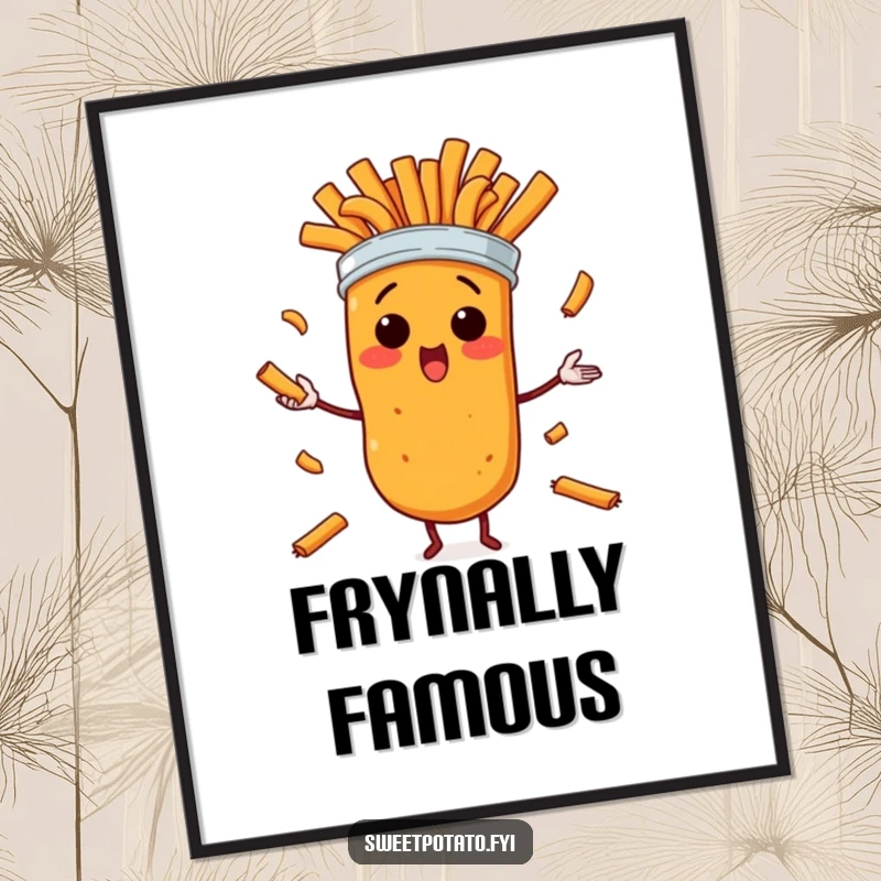 Funny poster featuring a surprised sweet potato character performing a chaotic juggling act with sweet potato fries, capturing a moment of edible comedy.