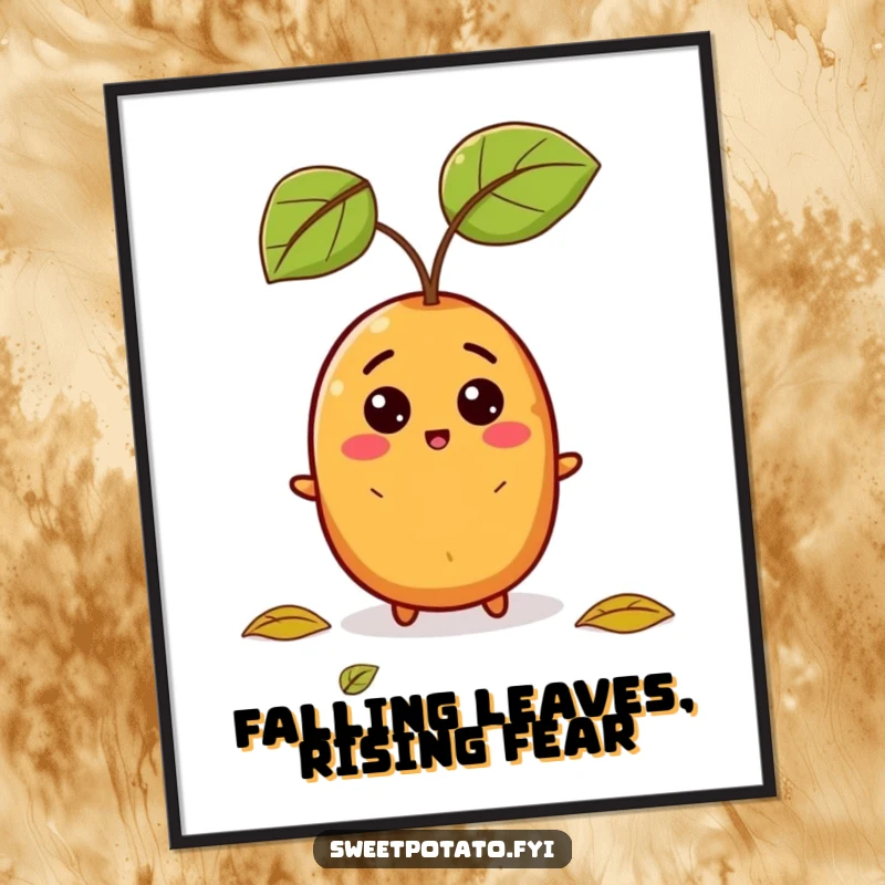 Funny poster of a sweet potato character with a shocked face as a leaf falls, adding humor to any room.
