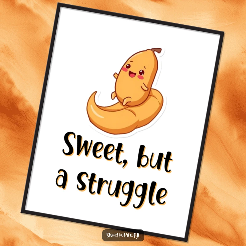 Funny poster showcasing a cheerful sweet potato character gleefully rolling up a huge caramel swirl, bringing vibrant color and humorous energy to any wall.