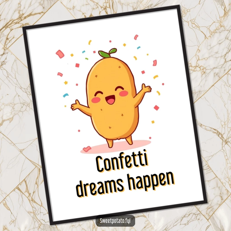 Funny poster of a beaming sweet potato character throwing handfuls of confetti into the air, celebrating with immense happiness.