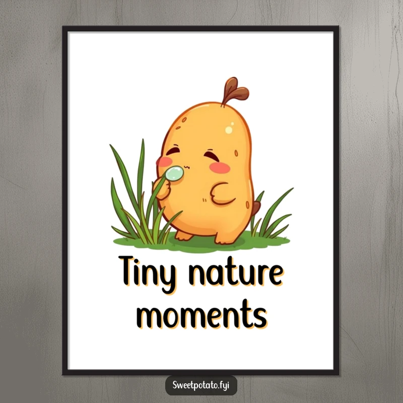 Funny poster showcasing a curious sweet potato character delicately sniffing a dewdrop on a blade of grass, perfect for contemplative decor.