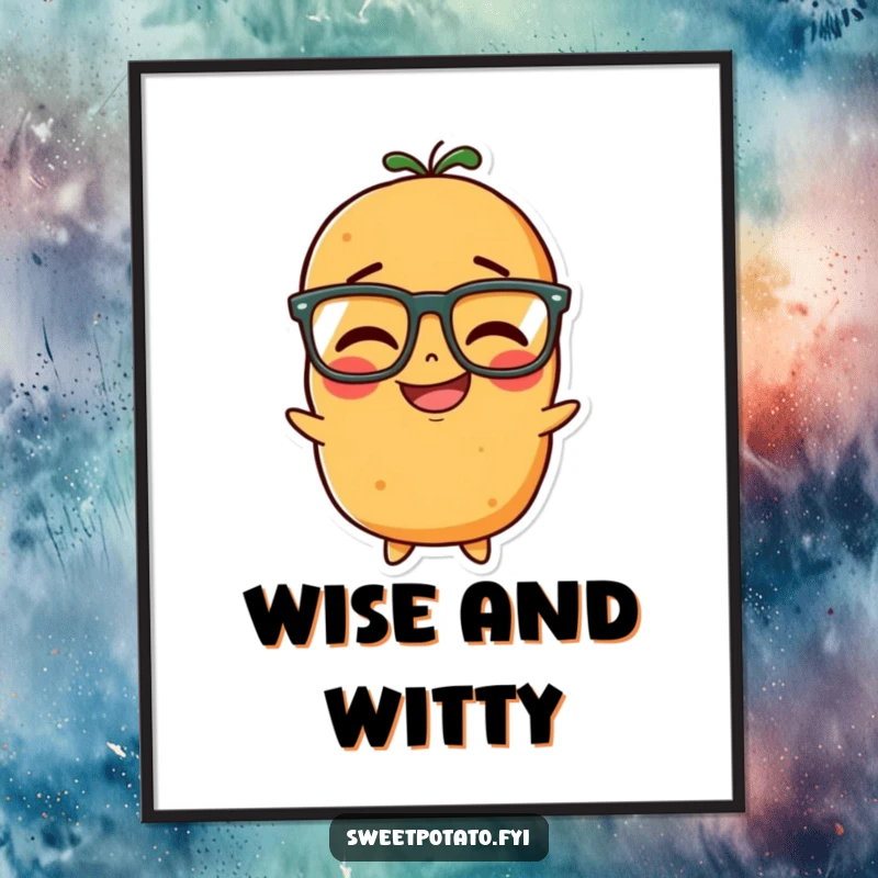 Funny poster of a sweet potato character with glasses, captured mid-giggle, exuding smart and cheerful vibes.
