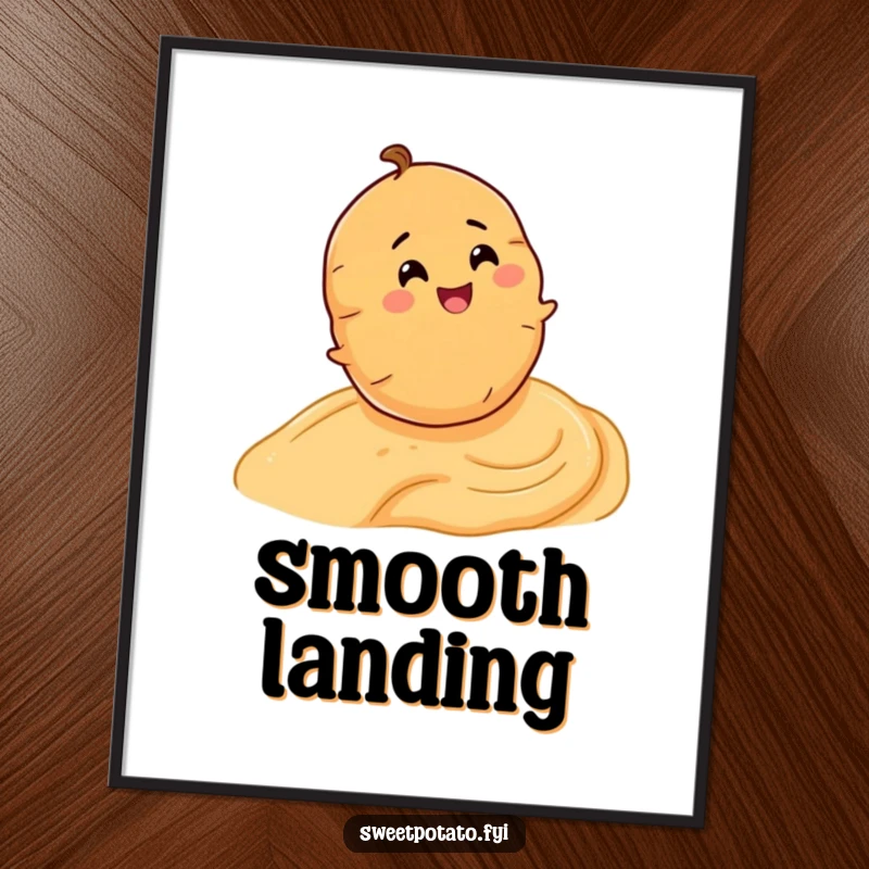 Funny poster portraying a smiling sweet potato character having a blast rolling down a smooth slope of hummus.