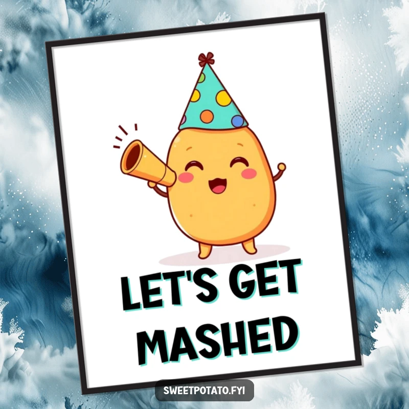 Funny happy sweet potato character wearing a party hat and blowing a horn, creating a humorous and festive poster.