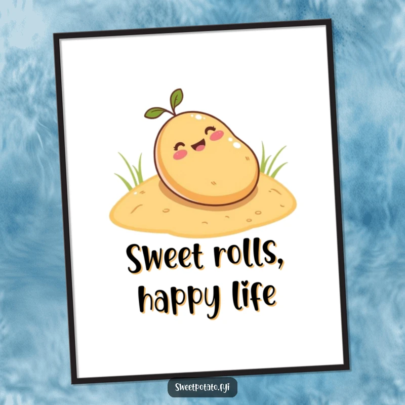Funny sweet potato poster, a cartoon sweet potato happily rolling down a sandy hill, perfect for adding whimsical and cheerful art.