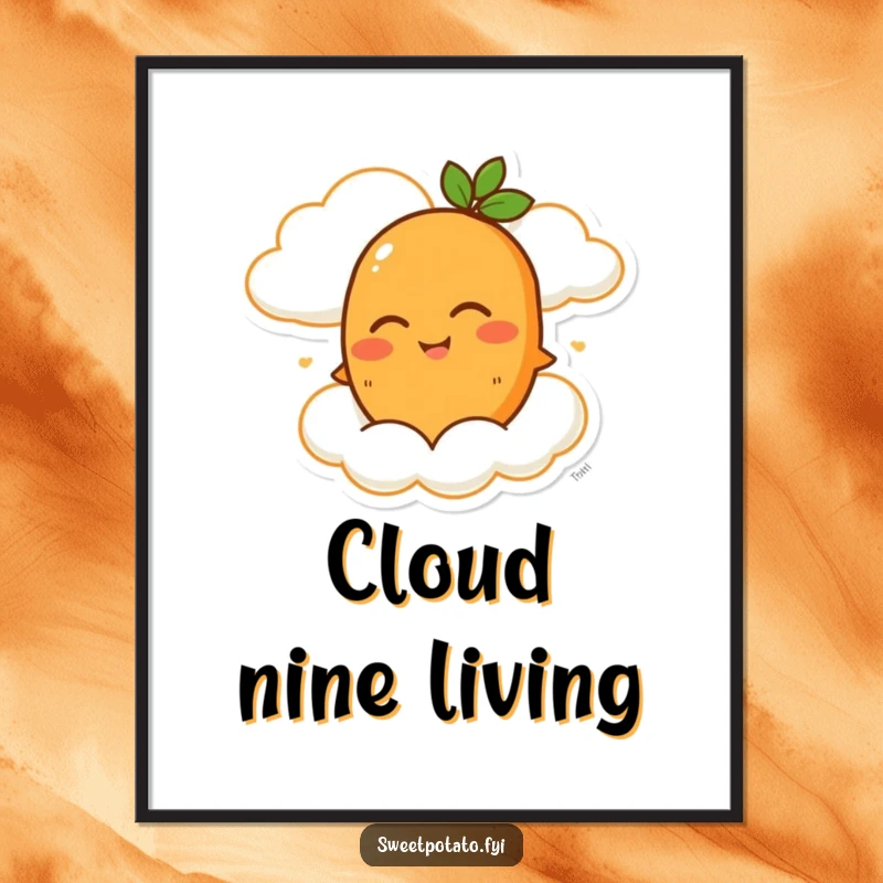 Funny poster showcasing a winking sweet potato character enjoying a serene ride on a happy cloud, creating a whimsical atmosphere.