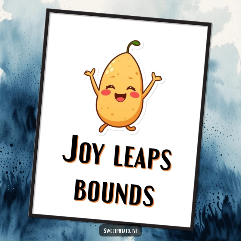 Funny poster art of a sweet potato character joyfully jumping, bringing a sense of happiness and fun.