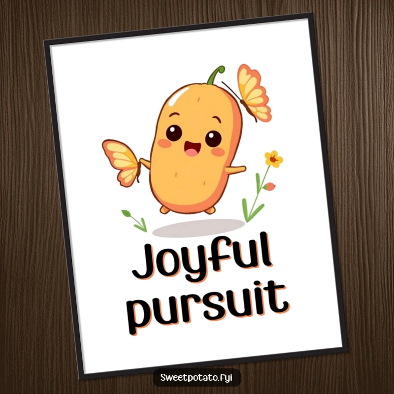 Funny poster showcasing a playful sweet potato character with a big smile chasing a fluttering butterfly, perfect for cheerful decor.