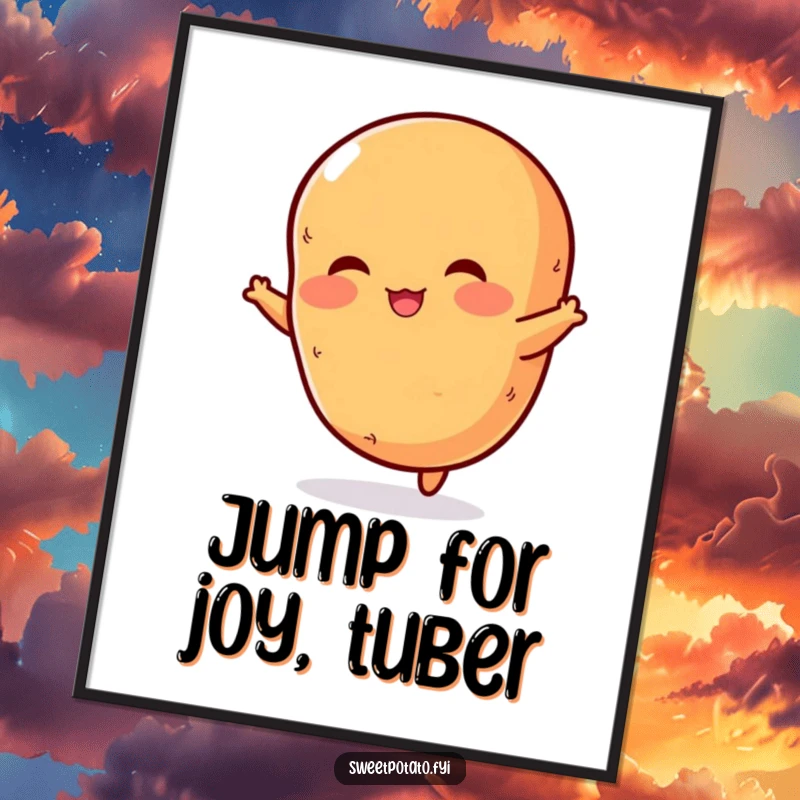 Funny poster showcasing a rosy-cheeked sweet potato mid-air, performing an enthusiastic jump with contagious potato energy.