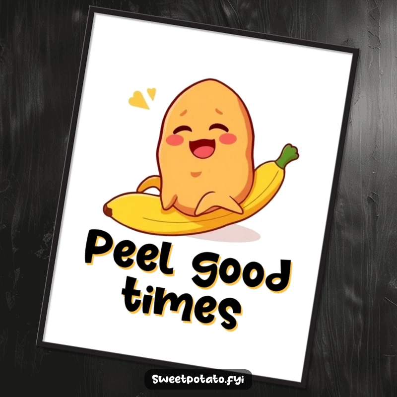 Funny sweet potato character mid-slip on a banana peel, laughing hysterically, a humorous wall art.