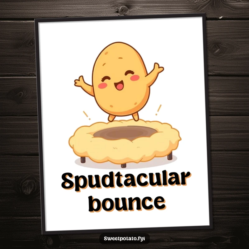 Funny poster of a tickled sweet potato character bouncing on a mashed potato trampoline, designed to bring warmth and lighthearted amusement.
