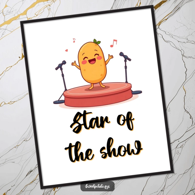 Funny happy sweet potato performing a joyful jig on a tiny stage, humorous wall art.