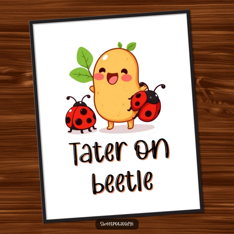 Funny sweet potato poster of a character excitedly trying to ride a ladybug, adding whimsical decor.