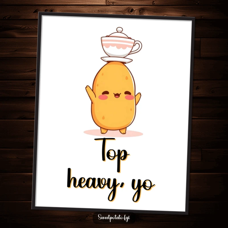 Funny poster depicting a sweet potato character trying to balance a small teacup on its head, creating a humorous and artistic display.