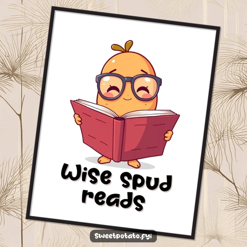Funny poster of a sweet potato character with oversized spectacles, engrossed in a massive book, creating a humorous and educational wall art.