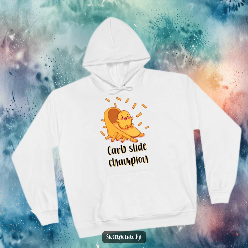 Funny hoodie with a happy sweet potato character sliding down a chute expertly crafted from sweet potato fries.
