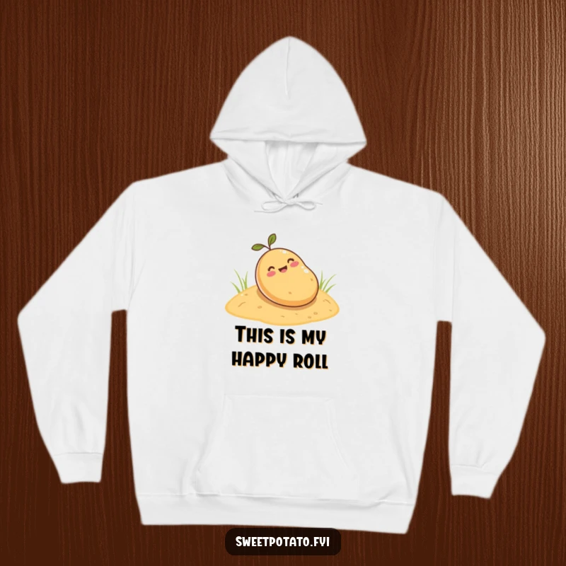 Funny sweet potato hoodie, a warm garment featuring a cartoon sweet potato happily rolling down a sandy hill, perfect for comfort and humor.