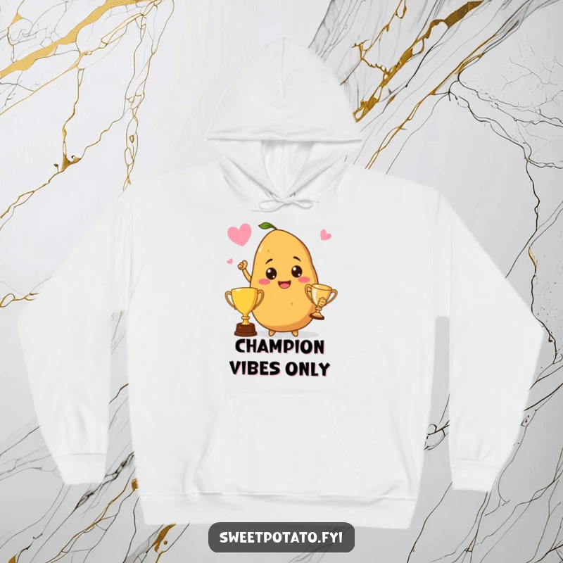 Funny hoodie featuring a proud sweet potato holding a trophy, embodying triumph and comfort with potato-themed celebration.