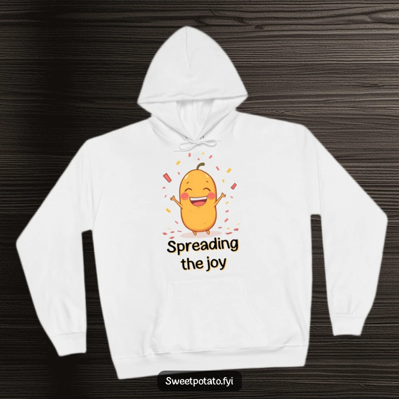Funny sweet potato character hoodie, joyfully throwing confetti with a huge, excited grin, offering warmth and festive cheer.