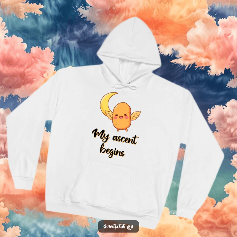Funny sweet potato character hoodie, with wings, joyfully flying towards a crescent moon, offering warmth and whimsical design.