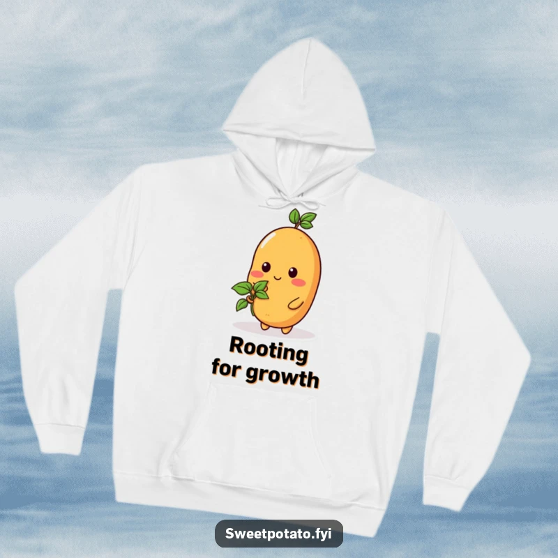 Funny hoodie with a sweet potato character holding a tiny sprout, offering cozy comfort and a symbol of growth.