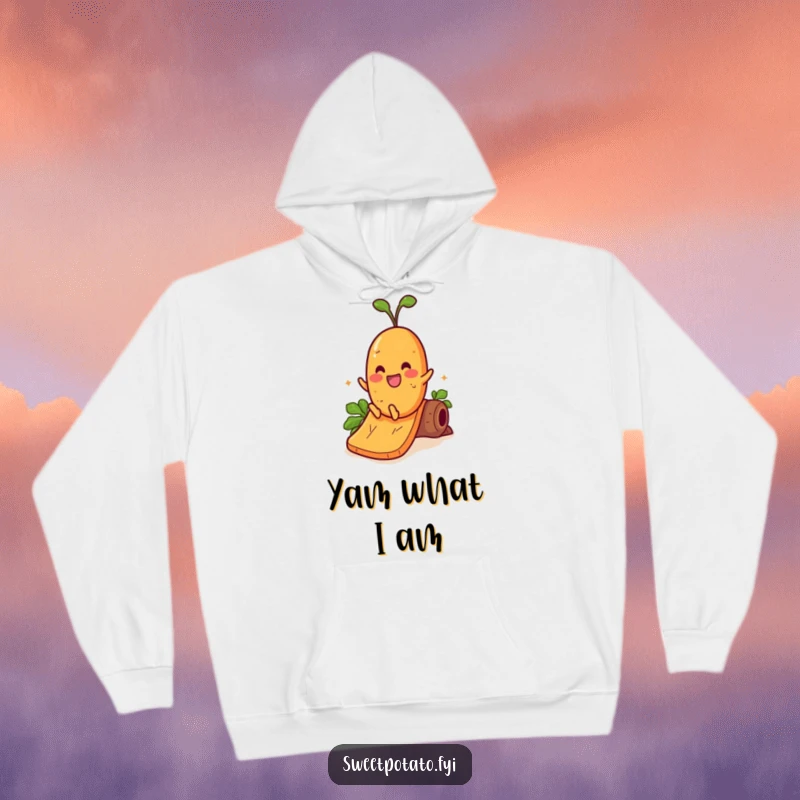 Funny hoodie depicting a cheerful sweet potato character sliding rapidly down a smooth yam slide, radiating pure fun.
