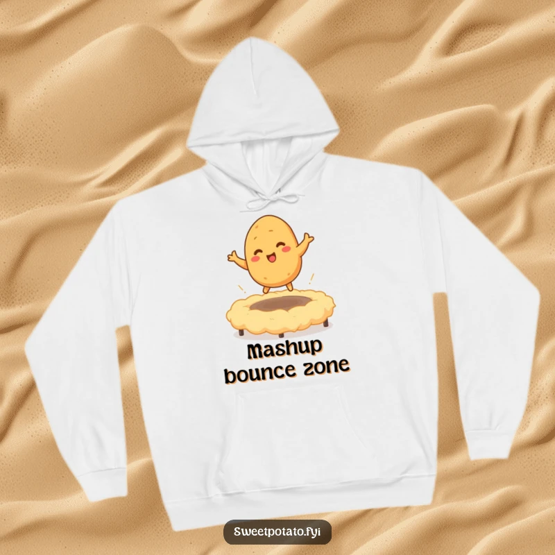 Funny hoodie showing a tickled sweet potato character bouncing gleefully on a mashed potato trampoline, perfect for cozy, comforting, fun-filled days.