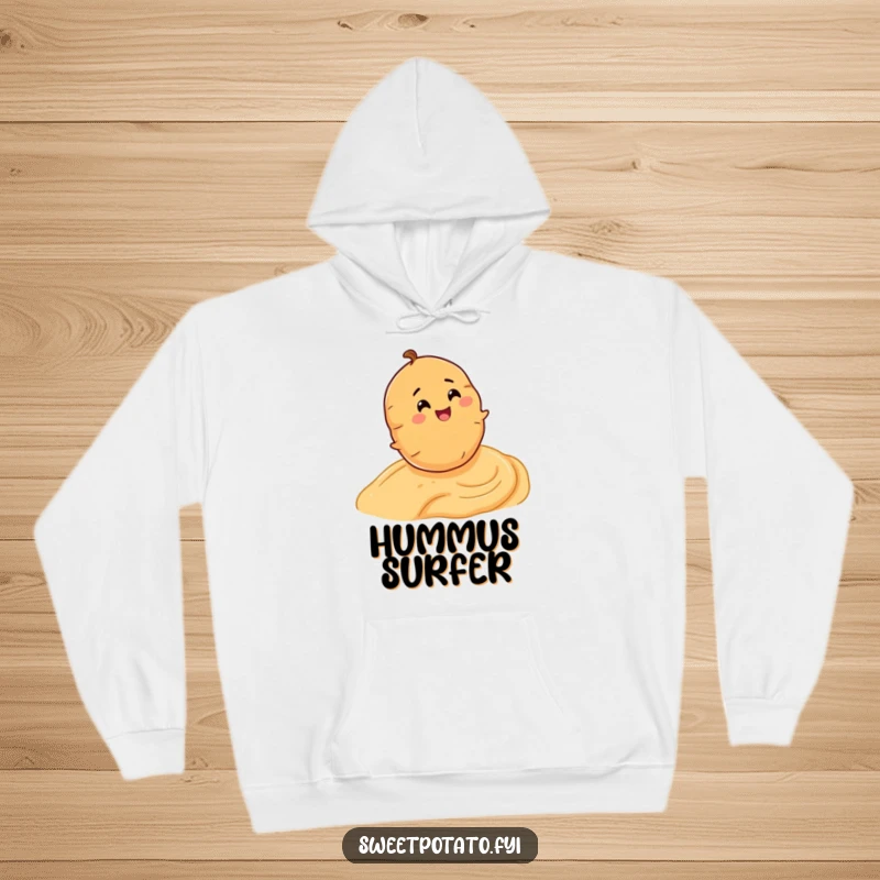 Funny hoodie with a happy sweet potato character joyfully rolling down a smooth slope of delicious hummus.
