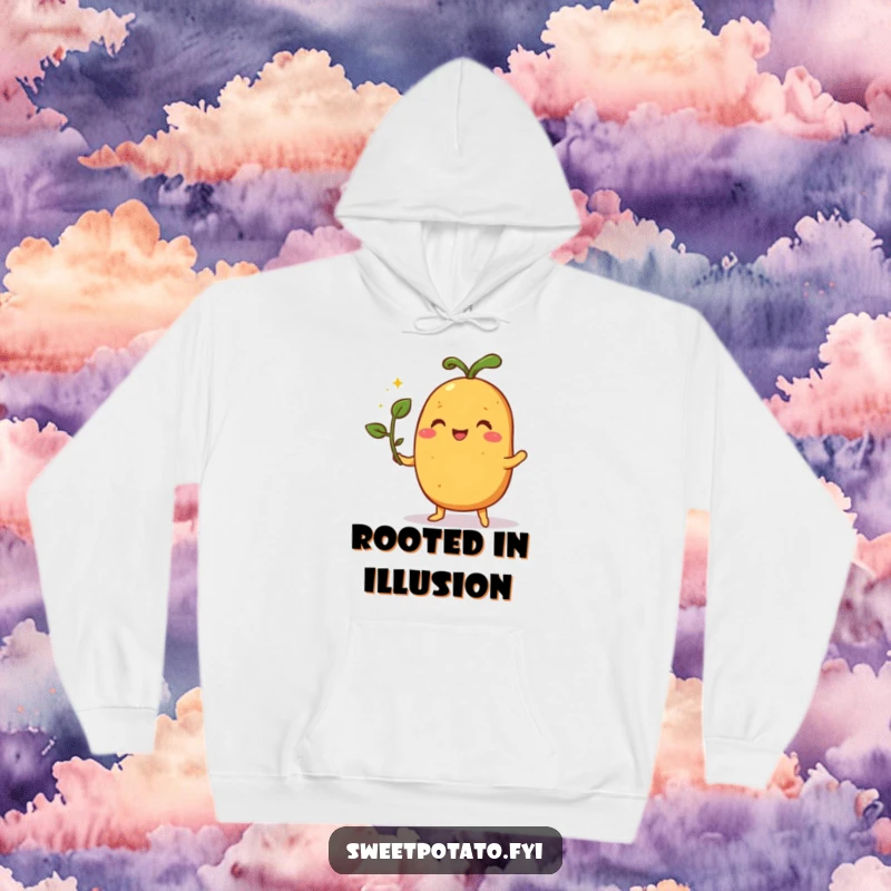 Funny hoodie depicting a pleased sweet potato character performing a magic trick with a sprout, looking quite pleased with the result.