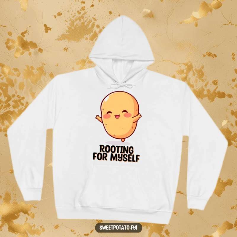 Funny hoodie depicting a rosy-cheeked sweet potato captured in a joyful leap, conveying energetic fun and potato charm.