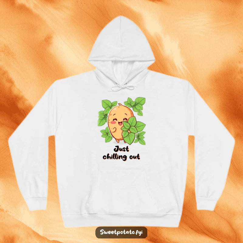 Funny hoodie depicting a cheerful sweet potato character fanning itself with a large mint leaf, offering cozy comfort and a humorous cool-down.