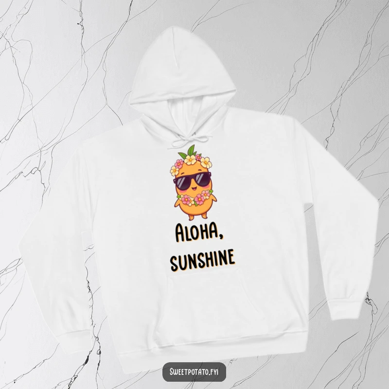 Funny hoodie: A sweet potato character wears cool sunglasses and a vibrant lei, embodying a carefree and stylish vacation spirit.