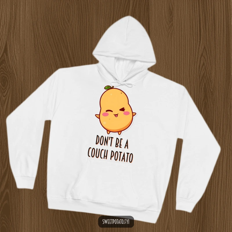 Funny hoodie showcasing a sweet potato character's mischievous wink and grin, offering warm, humorous comfort.