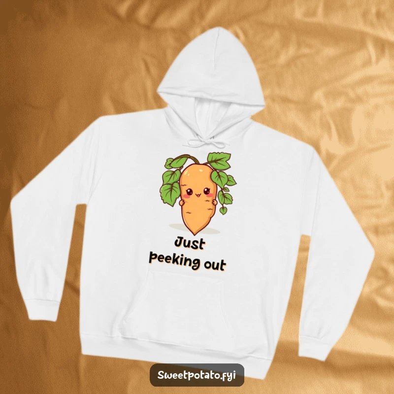 Funny hoodie featuring a sweet potato character peeking from behind a root, offering cozy comfort and a sense of playful mystery.