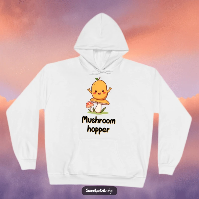 Funny hoodie showing a happy sweet potato character joyfully bouncing on a springy mushroom, exuding happiness.