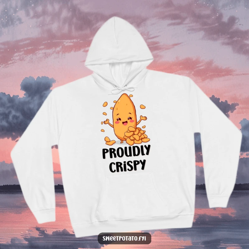 Funny sweet potato character looking incredibly proud while showcasing a huge pile of delicious sweet potato chips, a cozy hoodie.