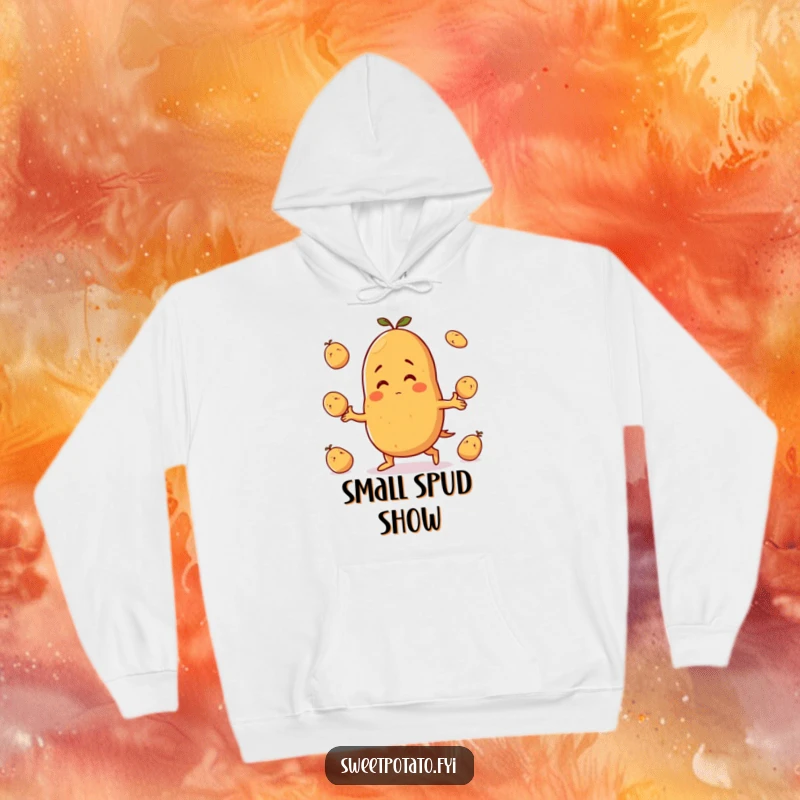 Funny hoodie: A sweet potato character joyfully juggles small potatoes with a wide, infectious grin, radiating pure fun.