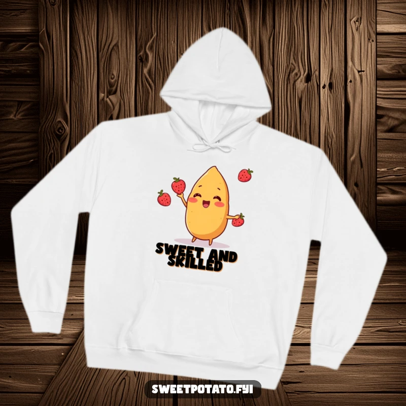 Funny sweet potato character cheerfully juggling three small berries on a cozy hoodie, combining warmth, comfort, and lighthearted humor, a funny gift.